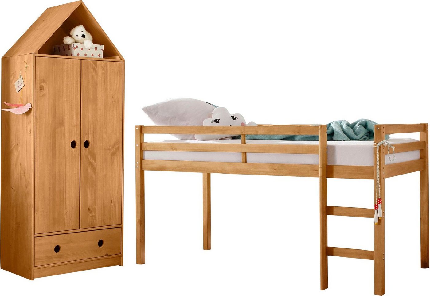 Lüttenhütt Jugendzimmer-Set Alpi, (Spar-Set, 2-St), Hochbett und Kleiderschrank in Hausoptik, perfekt für kleine Räume von Lüttenhütt