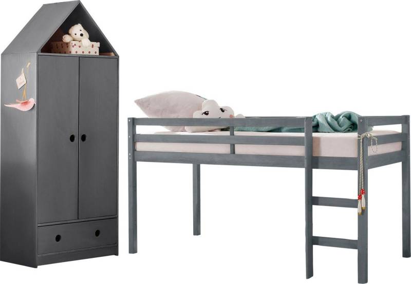 Lüttenhütt Jugendzimmer-Set Alpi, (Spar-Set, 2-tlg), Hochbett und Kleiderschrank in Hausoptik, perfekt für kleine Räume von Lüttenhütt