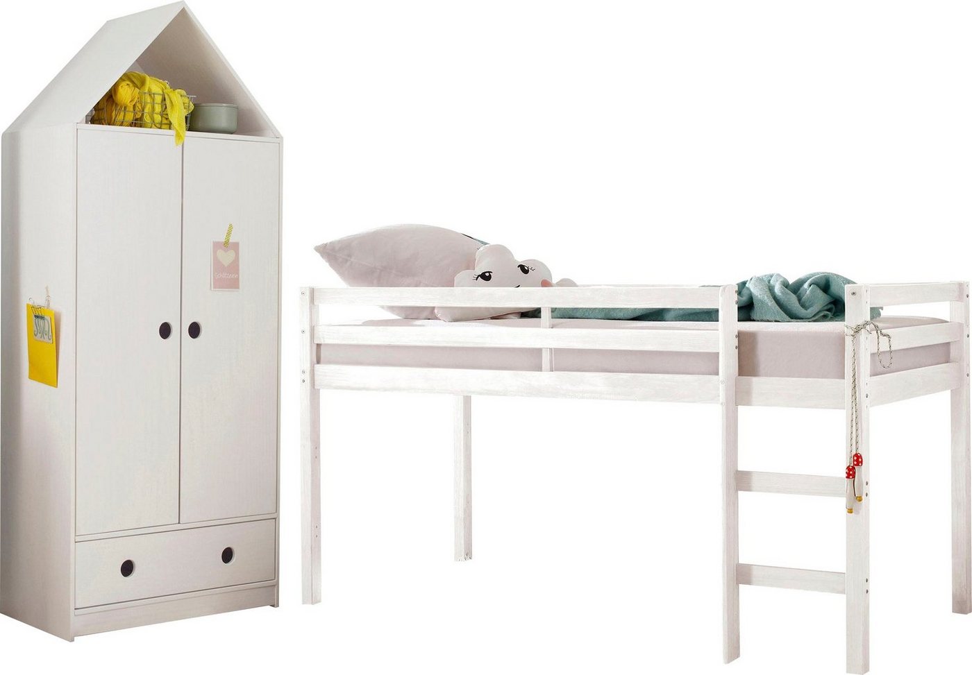 Lüttenhütt Jugendzimmer-Set Alpi, (Spar-Set, 2-St), Hochbett und Kleiderschrank in Hausoptik, perfekt für kleine Räume von Lüttenhütt