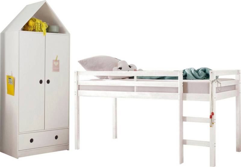 Lüttenhütt Jugendzimmer-Set Alpi, (Spar-Set, 2-tlg), Hochbett und Kleiderschrank in Hausoptik, perfekt für kleine Räume von Lüttenhütt