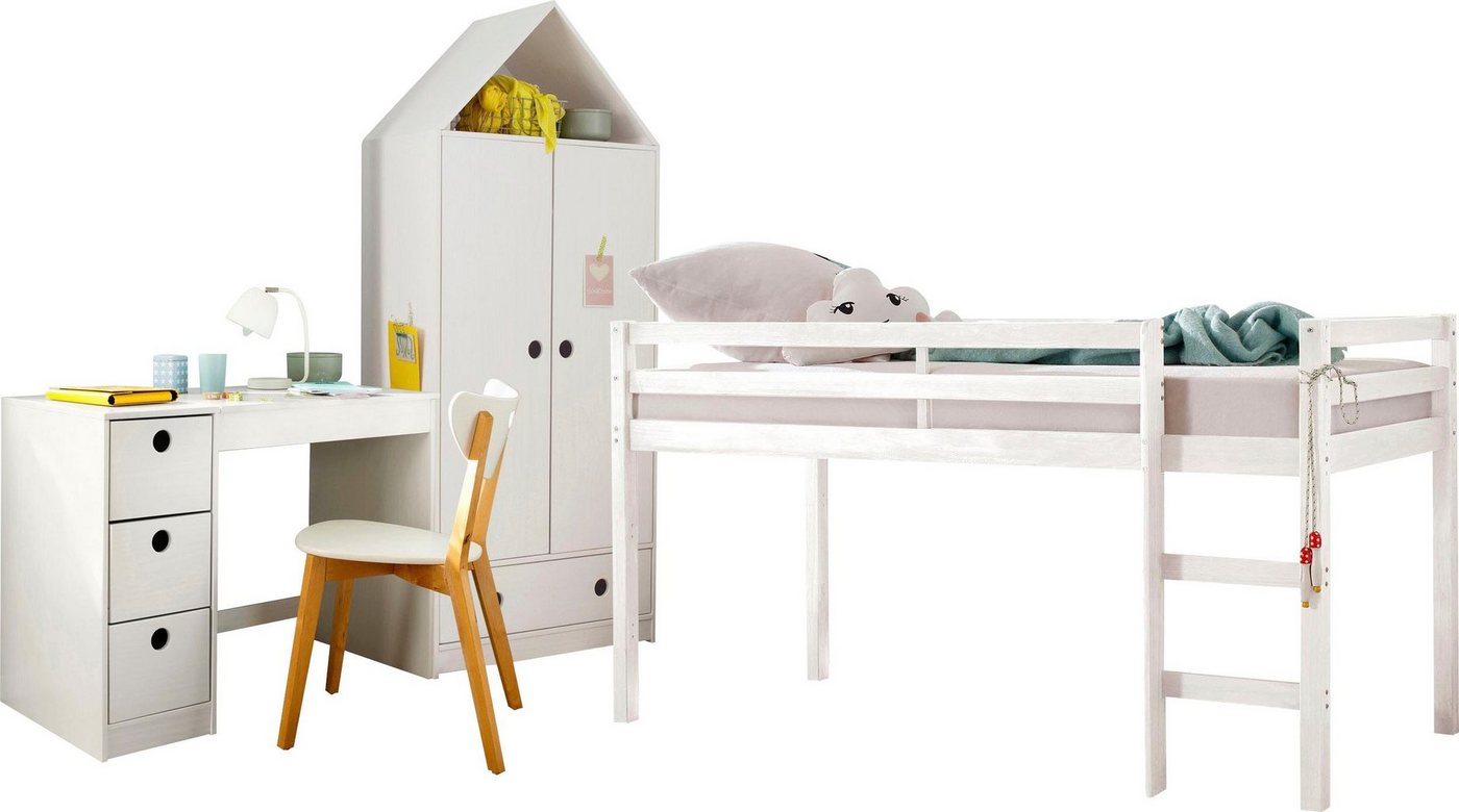 Lüttenhütt Jugendzimmer-Set Alpi, (Spar-Set, 3-St), Hochbett, Schreibtisch und Kleiderschrank in Hausoptik, platzsparend von Lüttenhütt