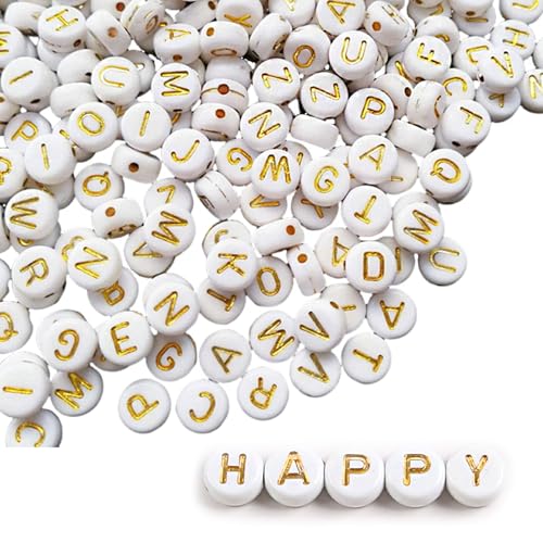 1000Pcs Buchstabe Alphabets Perlen Durchbohrte Perlen Lose Perlen Runde Bastelperlen DIY Geeignet für Halsketten Armbänder Handgemachte Accessoires Kunsthandwerk (Weiß Gold) von Lufdegim