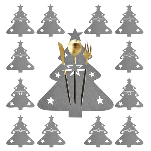 Weihnachtsgeschirr Besteckhalter Filz, 12 Stück Bestecktasche Weihnachten Filz Bestecktasche Weihnachtsbaum Weihnachts Messer Gabeln Löffel Geschirr Besteckbeutel Tischdeko Küche Bestecktasche (Grau) von Lufdegim