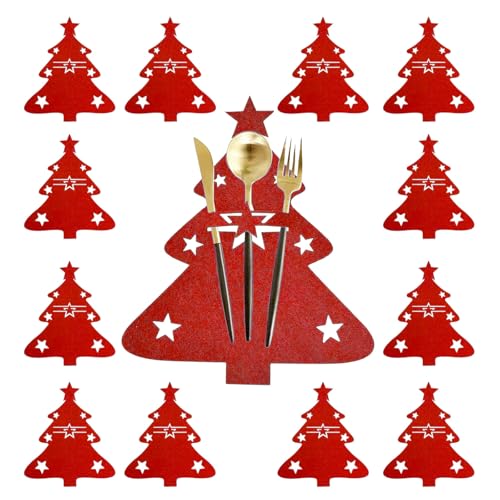 Weihnachtsgeschirr Besteckhalter Filz, 12 Stück Bestecktasche Weihnachten Filz Bestecktasche Weihnachtsbaum Weihnachts Messer Gabeln Löffel Geschirr Besteckbeutel Tischdeko Küche Bestecktasche (Rot) von Lufdegim