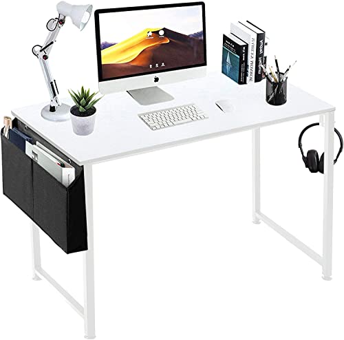 Lufeiya Computer-Schreibtisch, weißer Schreibtisch für kleine Räume, Home Office, 99 cm, moderner PC mit Aufbewahrungstaschenhaken (voll weiß) von Lufeiya
