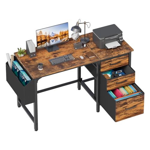 Lufeiya Kleinen Schreibtische mit Stoff Schubladen PC Schreibtische für Heimbüro Arbeitszimmer, Computertisch Vintage Braun 120x50x75cm von Lufeiya