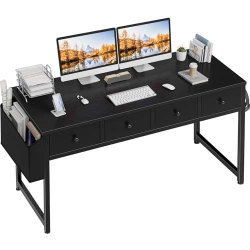 Lufeiya Kleiner schwarzer Computertisch mit Stoffschubladen für Home Office Schlafzimmer, 119,9 cm Schminktisch mit Schubladenaufbewahrung und Seitentasche, Arbeitsschreibtisch, Schwarz von Lufeiya