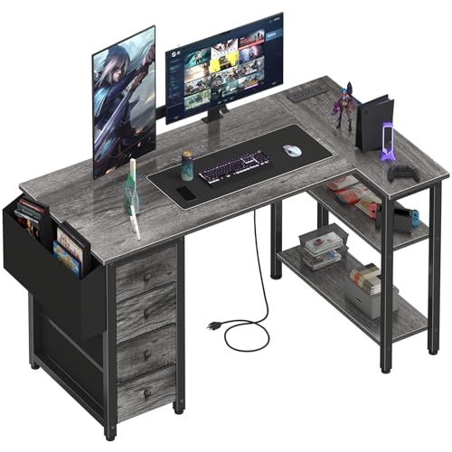 Lufeiya L-förmiger Computertisch mit Schubladen und Ablageflächen, kleiner Eckschreibtisch mit Steckdose für Zuhause, Büro, Schlafzimmer, L-förmiger Gaming-PC-Schreibtisch mit Stoffschublade, 119 cm von Lufeiya