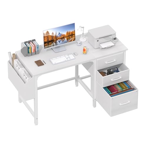 Lufeiya Schreibtisch weiß Kleiner Schreibtisch Mit 4 Schubladen,PC Tisch Gaming Tisch mit Stauraum Bag für Büro Schlafzimmer 120x50x75cm von Lufeiya