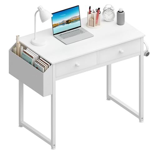 Lufeiya Schreibtisch weiß mit 2 Schubladen Kleiner Schreibtisch mit Stauraum Computertisch für Büro HomeOffice 80x40x79 cm von Lufeiya