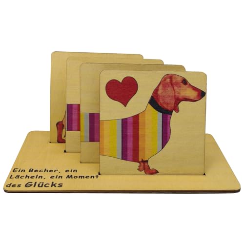 Luimode Lustige Untersetzer Holz für Gläser 4er Set,Regenbogenwursthund Achterbahn Untersetzer Glasuntersetzer für Getränke, Bar, Tassen, Glas von Luimode