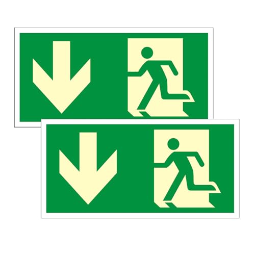 Luimode 2st Schild Notausgang | extra langnachleuchtend | PVC selbstklebend 300 * 150mm Protecticure Fluchtwegschild PVC Rettungszeichen/Rettungsschild/nachleuchtend (Pfeil unten) von Luimode
