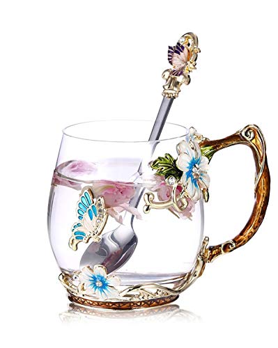 Luka Tech handgemachte Emaille Schmetterling Blume Glas Kaffeetassen Teetasse mit Löffel,personalisierte Geschenke für Frauen freundin Geburtstag Mutter Valentinstag Muttertag muttertagsgeschenk von Luka Tech