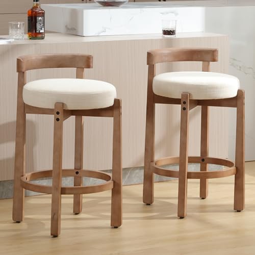 LukeAlon Mid Century Küchenhocker aus Leinen, gepolstert, 67,3 cm Sitzhöhe, niedriger Barhocker mit Naturholzbeinen, runde niedrige Rückenlehne, Küchenhocker mit Fußstütze für Esszimmer, Beige, 2 von LukeAlon