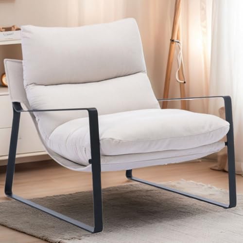 LukeAlon Moderner Leinen-Sessel, gepolsterter Wohnzimmerstuhl mit Metallfuß, verdicktes Kissen, Einzel-Sofa-Stuhl, bequemer Lounge-Sessel für Schlafzimmer, Wohnzimmer, Weiß von LukeAlon