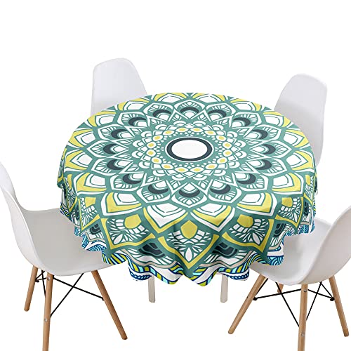 Lukery 3D Mandala Tischdecke Abwaschbar Gartentischdecke, Tischdecke Rund Tischdecken Tischtuch Outdoor Indoor, Tisch Schutz für Geburtstag Hochzeit Festival (Hellgrün,Durchmesser 120cm) von Lukery