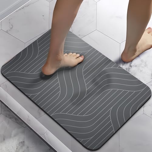 Lukery Kieselgur Badematte rutschfeste, Schnelltrocknend Absorbierende Bodenmatte, Abwaschbar Kieselgur Badematten für Dusche Badewannen Küche |Moderner Stil (Linie grau,50x80cm) von Lukery