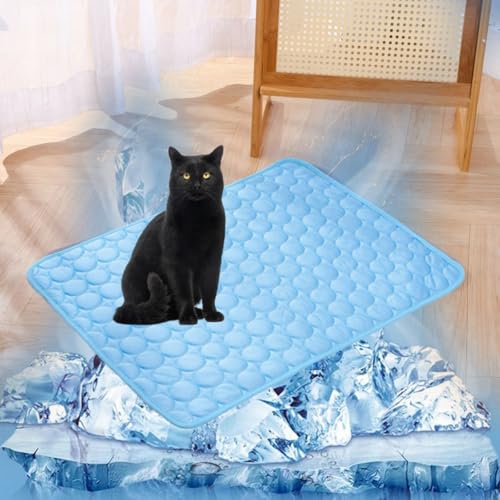 Lukery Kühlmatte für Hunde Katze, Kühlbett für Sommer Natürliche Kühlung Hundekühlmatte Waschbar Kühlendes Hundebett Eisseide für Zuhause Unterwegs oder im Auto (L-70x55cm,Blau) von Lukery