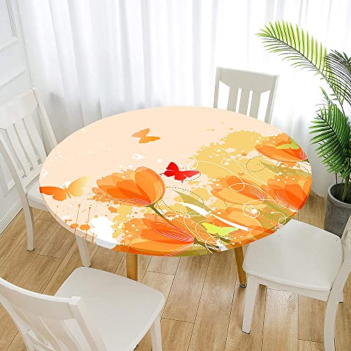 Lukery Rund Tischdecke Elastisch, Abwaschbar Tischdecke mit Tulpe Druck, Rund Tischdecken Gartentischdecke Indoor Outdoor, Tischtuch für Geburtstag Hochzeit Party (Durchmesser 110cm,Blumen) von Lukery