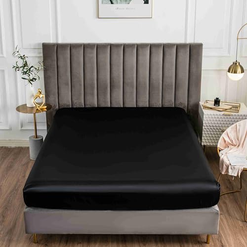 Lukery Satin Spannbettlaken Einfarbig Verdickter Bettlaken 30cm Extra Tiefe Tasche Elastisch Spannbetttuch Weich Atmungsaktiv für Boxspringbett Dicke Matratzen (Schwarz 1,90x200cm) von Lukery