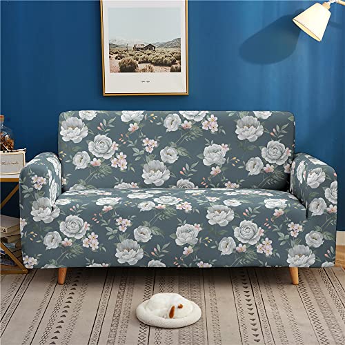 Lukery Sofabezug für 1/2/3/4 Sitzer, 3D Blumen Druck Eck Stretch-Sofabezug Anti-Rutsch Waschbar Möbelschutz Dehnbar Elastischer Couchbezug für Haustiere/Katze/Hund (Weiße Blumen,4 Sitzer) von Lukery