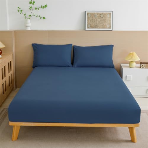 Lukery Spannbettlaken Polyester Verdickter Unifarben Bettlaken 27cm Extra Tiefe Tasche Elastisch Spannbetttuch Weich und Atmungsaktiv für Boxspringbett Dicke Matratzen (Dunkelblau A,90x200cm) von Lukery