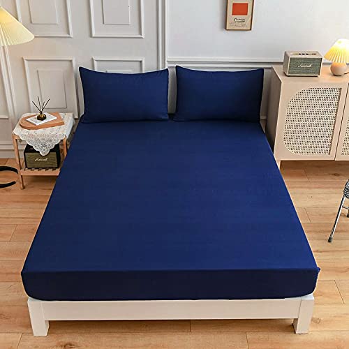 Lukery Spannbettlaken Polyester Verdickter Unifarben Bettlaken 27cm Extra Tiefe Tasche Elastisch Spannbetttuch Weich und Atmungsaktiv für Boxspringbett Dicke Matratzen (Marineblau,90x200cm) von Lukery