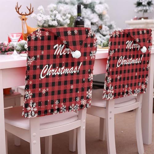 Lukery Stuhlhussen Weihnachtsmütze, 2 4 6 8er Set Schneeflocke Stuhlhussen Nikolausmütze Weihnachtsdeko für Stühle Stuhlhusse Stuhlbezug Weihnachten für Festlich (Rot Plaid,4 Stücke) von Lukery