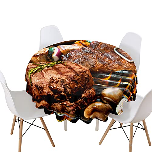 Lukery Tischdecke Abwaschbar Gartentischdecke, Tischdecke Rund Tischdecken 3D Steak Tischtuch Outdoor Indoor, Tisch Schutz für Geburtstag Hochzeit Festival (Gegrilltes Fleisch,Durchmesser 100cm) von Lukery