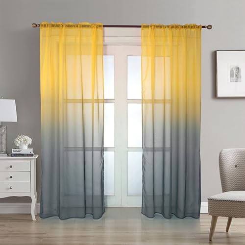 Lukery Transparent Vorhänge Wohnzimmer 2er Set, Gradientenfarbe Lang Halbtransparent Gardinen Vorhänge Durchsichtig für Fenster Küche Wohnzimmer Landhaus (100x260cm,Gelb Grau) von Lukery