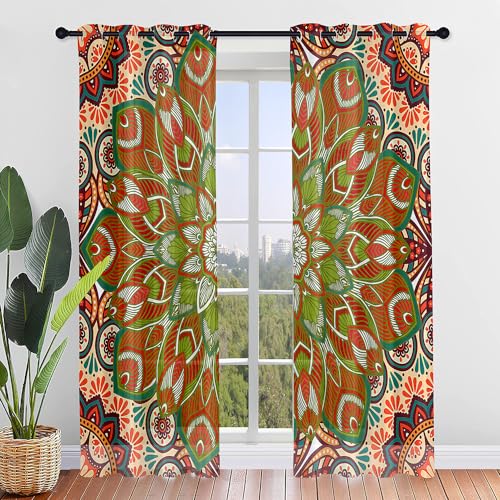 Lukery Vorhänge mit Ösen, Transparent Vorhänge Wohnzimmer 2er Set, Mehrfarbiges Mandala Halbtransparent Gardinen Vorhänge Durchsichtig für Fenster Küche (140x213cm,Grün Orange) von Lukery