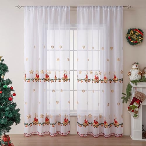 Lukery Weiß Transparent Vorhänge Wohnzimmer 2er Set, Weihnachten Schneeflocken-Stickerei Lang Halbtransparent Gardinen Vorhänge Durchsichtig für Fenster Küche Wohnzimmer Landhaus (130x214cm,Kerzen) von Lukery