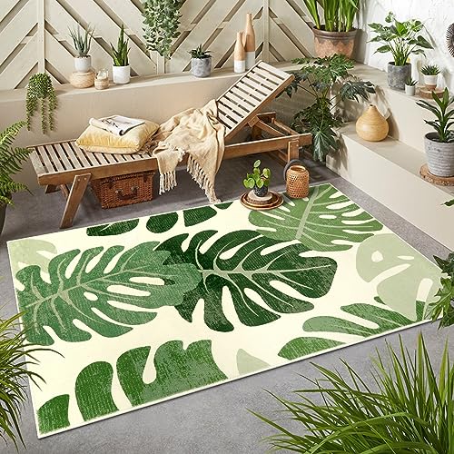 Lukinbox Teppich mit grünem Blatt, für Terrasse, Wohnzimmer, 7.6x12.7 cm, waschbarer Akzentteppich, rutschfester Überwurf für Esszimmer, moderner tropischer Monstera, Tisch, Camper von Lukinbox