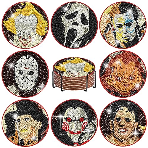 Lukinuo 8pcs Diamant Malerei Untersetzer Kit mit Halter Kork Basis DIY Halloween Untersetzer Diamant Kunst Voll Bohrer Strass Malerei Kits für Anfänger Erwachsene Kinder Halloween Zubehör von Lukinuo