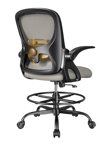 LukkDys Zeichenstuhl, hoher Bürostuhl mit hochklappbaren Armlehnen, ergonomischer Computer-Stehstuhl, Schreibtischstuhl mit bequemer Lendenwirbelstütze und verstellbarem Fußstützenring für Barhöhe, von LukkDys