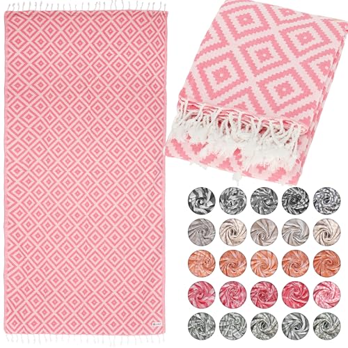 Lukkum® Oeko-TEX® Leopard Karo Quadrat Muster Leo Pestemal Strandtuch Saunatuch Badetuch Hamamtuch Groß Baumwolle Duschtuch Handtuch Fouta Pareo Yoga Decke Sporttuch Sarong (Flamingo Pink, Geometric) von Lukkum