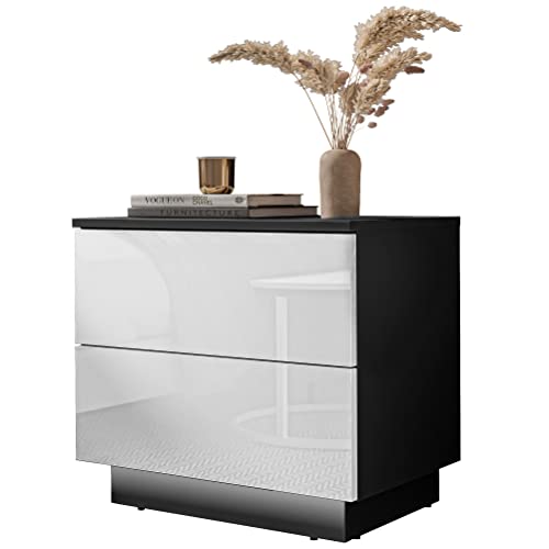 lukmebel Nachttisch LINA 55x50x37 cm- LED Beleuchtung - Nachtkästchen - Schwarz/Weiß Hochglanz - Push to Open - Nachtschrank - Beistelltisch mit Schublade - Schlafzimmerschrank von lukmebel
