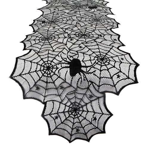 Halloween-Tischläufer, schwarze Spitze, Spinnennetze, Tischläufer für Halloween-Tischdekoration, Halloween-Dekorationen, Innenbereich, Party, Abendessen, Küche, Mittelstück, Spinnweben, Tischdecke, Halloween-Tischläufer, schwarze Spitze, Spinnennetze, Tischläufer für Halloween-Tischdekoration, Halloween-Dekorationen, Innenbereich, Party, Abendessen, Küche, Mittelstück, Spinnweben, Tischdecke, von Luktastic