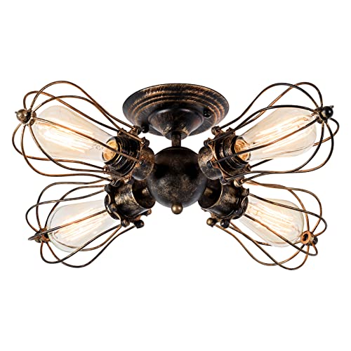 Vintage Deckenleuchte Industrielüster Verstellbare Steckdose Metalldrahtkäfig Halbschalenmontage Rustikale Deckenleuchte Leichtmetall-Leuchten (ohne Glühbirne) (mit 4 Licht) (Bronze) von Luling