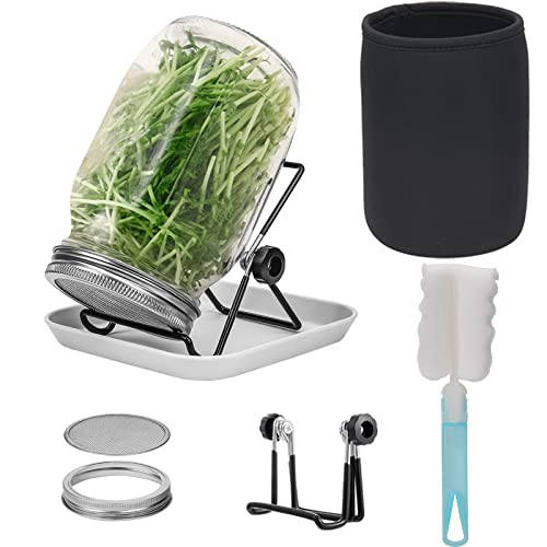 Lulonpon Sprossen-Set, einteiliges Saatglas-Set, breite Öffnung, Quart-Einmachgläser mit 304 Edelstahl-Sieb, Sprossendeckel, 86 mm Kaliber mit Tablett, Ständer, Schattierbeutel und Bürste, für von Lulonpon