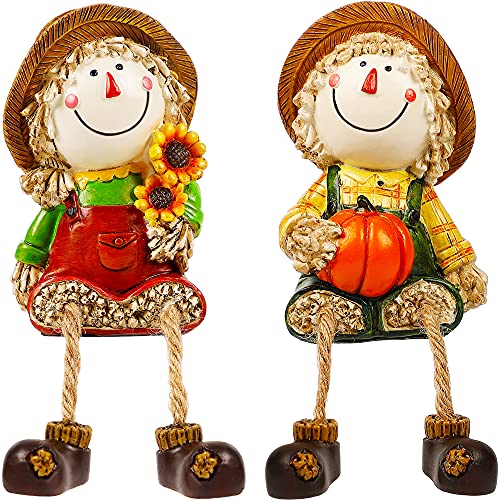 Lulu Home Herbstfiguren, 2er Set Harz Vogelscheuche Regalsitzer mit baumelnden Beinen, Obsternte Skulptur für Fensterbank Küche Tischplatte Herbst Heimdekoration von Lulu Home