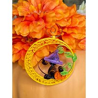 Quilled Halloween Ornament, Papier Katze Auf Mond Unikat Ornament von LulusCleverCrafts