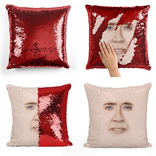 Nicolas Cage Face Sequin Pillow Kissen, Mermaid Magic Sequin Pillow, Flip Pillowcase, Lustiges Geschenk Weihnachten Kissenbezug von LumaPillows