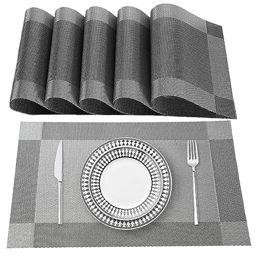 Lumaca Tischsets Abwaschbar, Set mit 6 Platzset aus 70% PVC und 30% Polyester, rutschfest, Hitzebeständig, für Küchentisch,Grau von Lumaca
