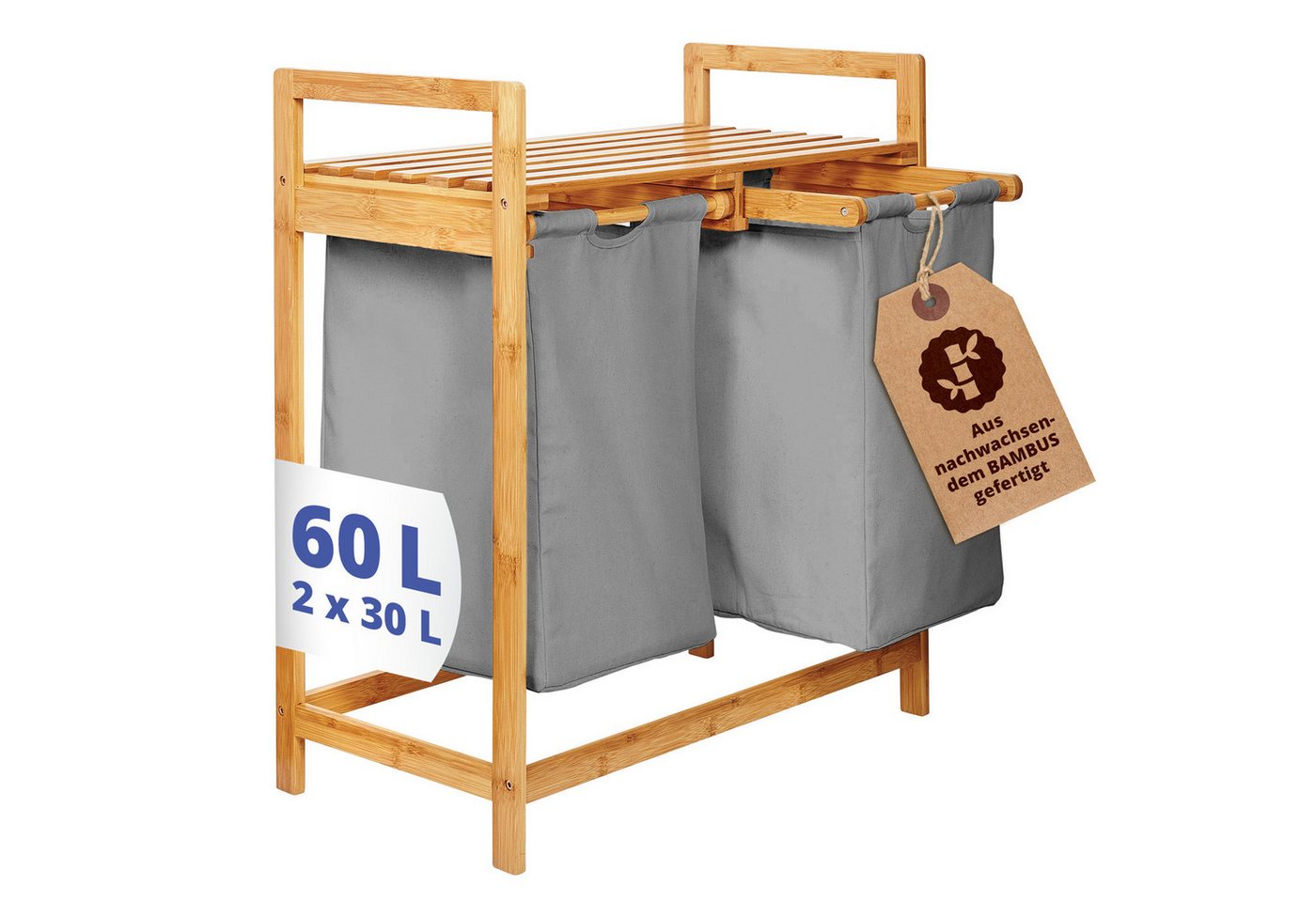 Lumaland Ausziehwäschekorb Bambus mit 2 ausziehbaren Wäschesäcken 73x64x33cm (Sitzbank + Wäschekorb), Wäschesammler inkl. Deckel von Lumaland