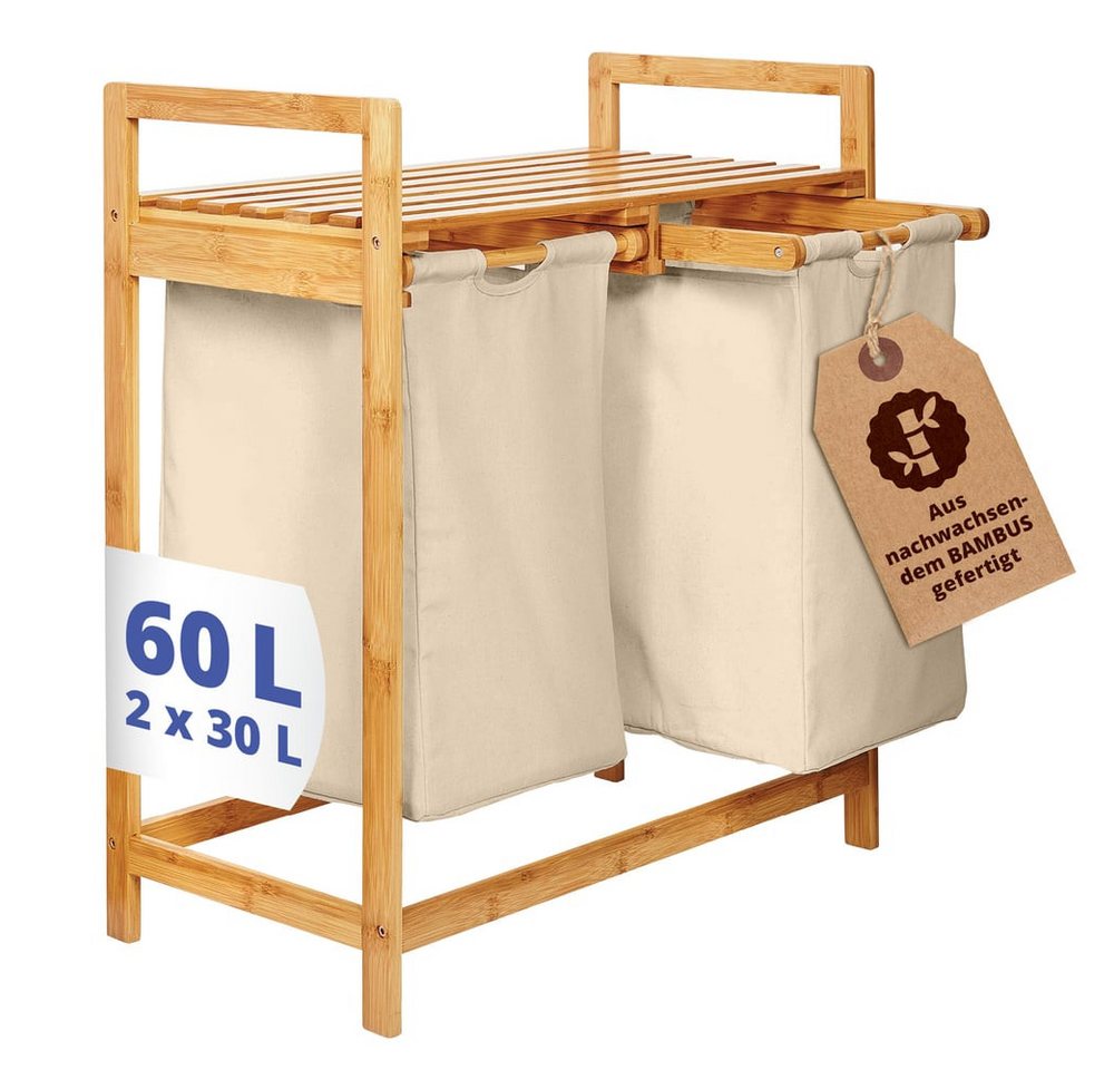 Lumaland Ausziehwäschekorb Bambus mit 2 ausziehbaren Wäschesäcken 73x64x33cm, Wäschesammler mit Deckel, Pflegeleichtes Material,  leicht abwischbar von Lumaland