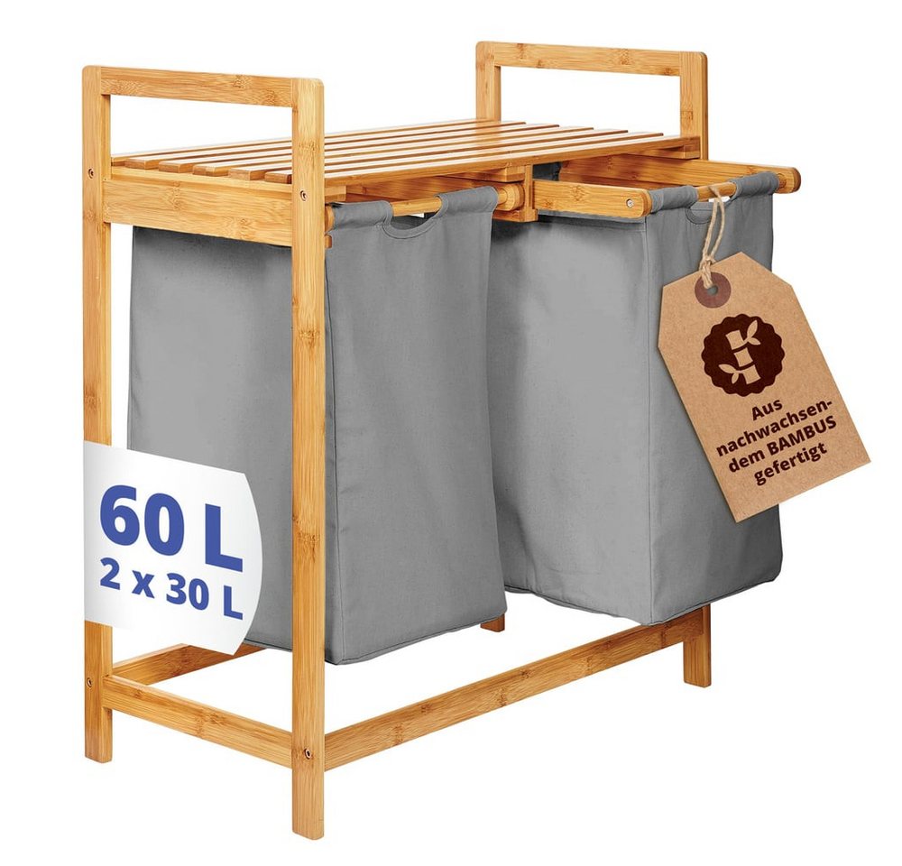 Lumaland Ausziehwäschekorb Bambus mit 2 ausziehbaren Wäschesäcken 73x64x33cm, Wäschesammler mit Deckel, Pflegeleichtes Material,  leicht abwischbar von Lumaland