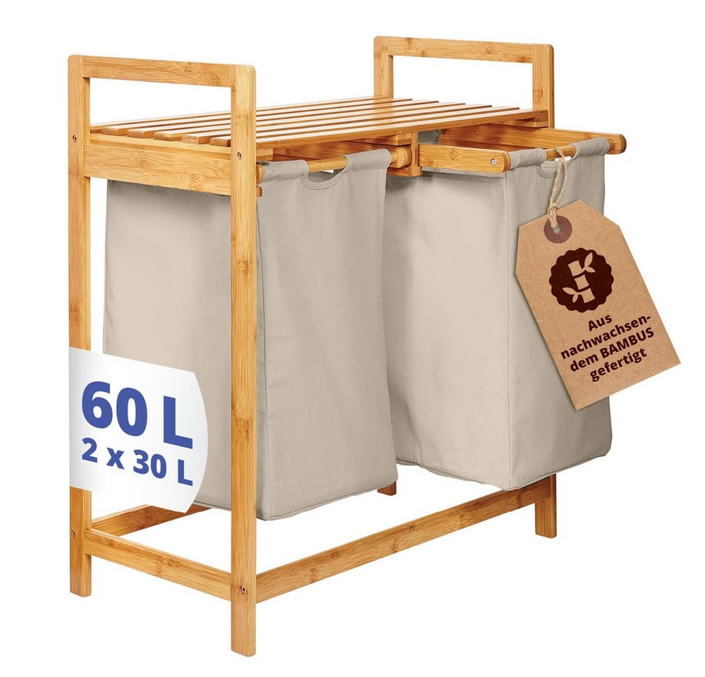 Lumaland Ausziehwäschekorb Bambus mit 2 ausziehbaren Wäschesäcken 73x64x33cm, Wäschesammler mit Deckel, Pflegeleichtes Material,  leicht abwischbar von Lumaland