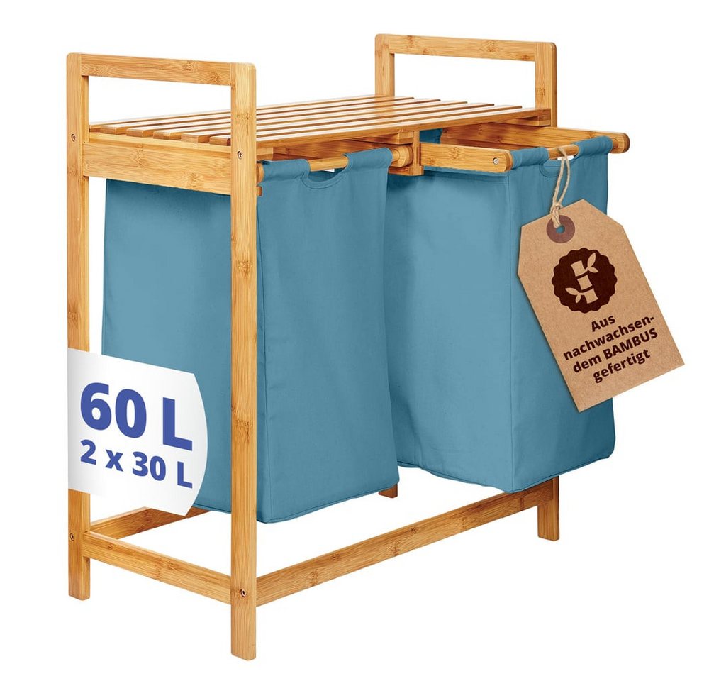 Lumaland Ausziehwäschekorb Bambus mit 2 ausziehbaren Wäschesäcken 73x64x33cm, Wäschesammler mit Deckel, Pflegeleichtes Material,  leicht abwischbar von Lumaland