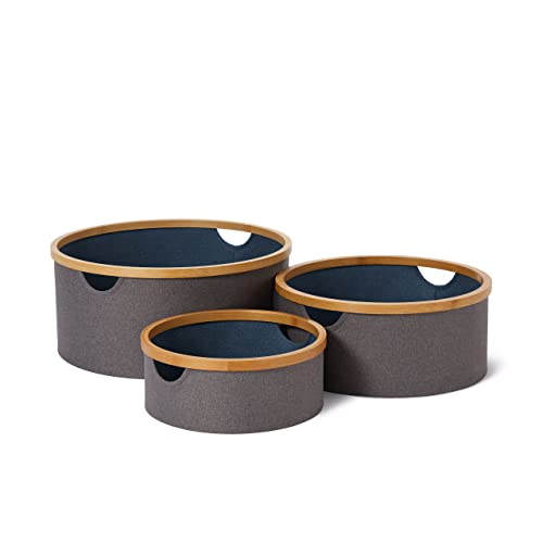 Lumaland Bambus-Rahmen Aufbewahrungsbox 3er Set rund | Boxen in den Maßen ø 45 x 20 cm, ø 38 x 16 cm und ø 30 x 12 cm [Grau/Blau] von Lumaland